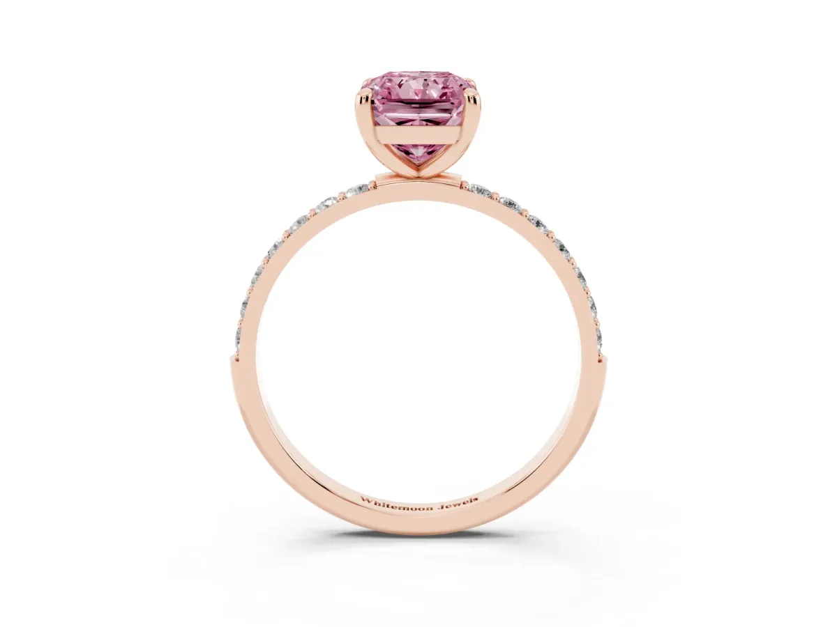 Fancy Pink Radiant Cut Diamond Solitaire Ring with Round Pavé Band and Prong Setting Rose gold