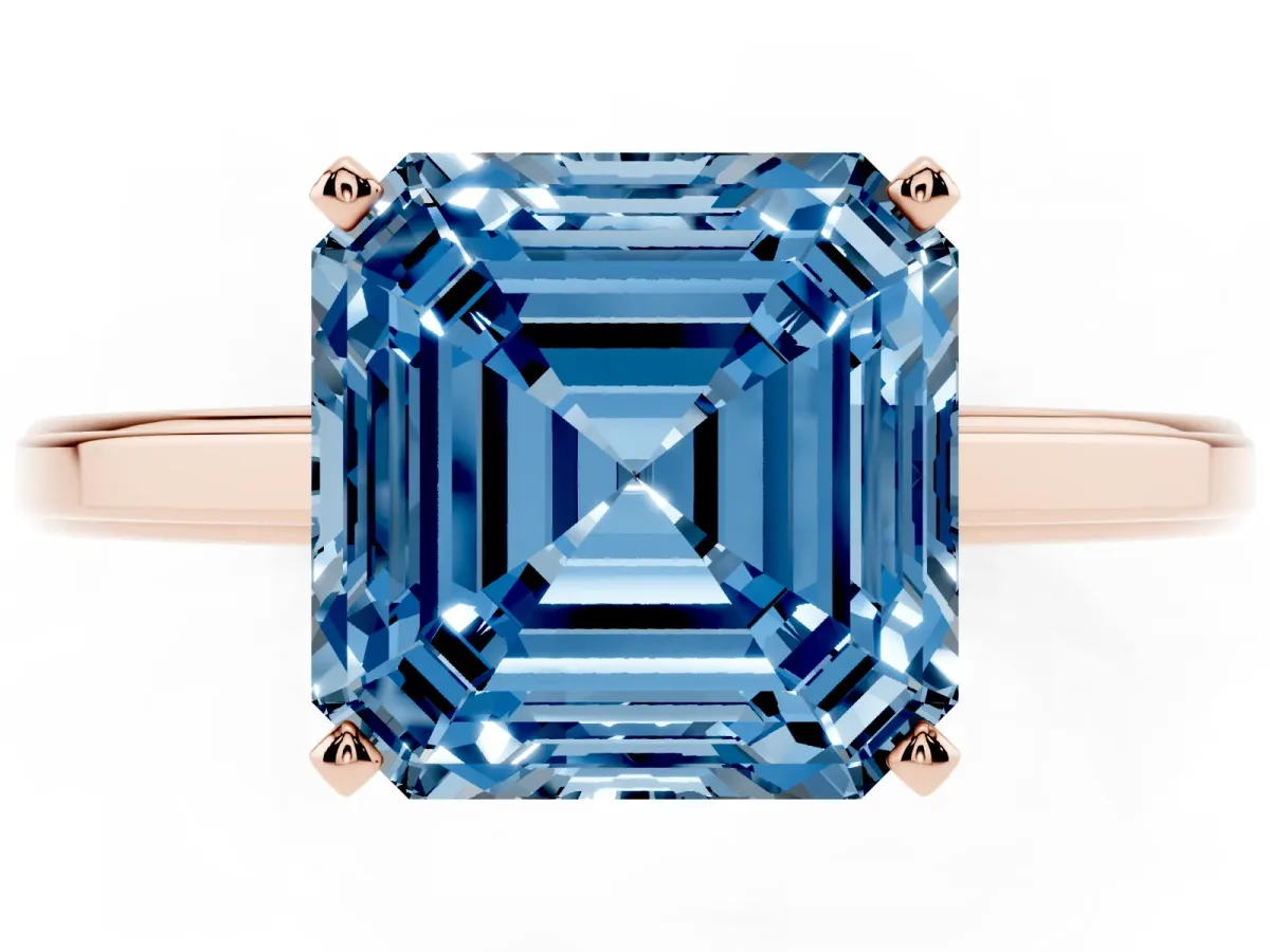 Fancy Blue Asscher Cut Solitaire Diamond Ring with Four-Prong Setting and Classic Band Rose gold