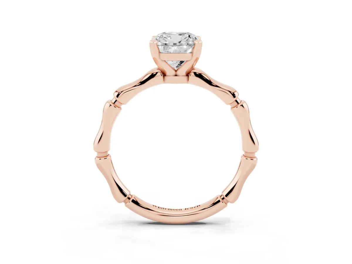 Cushion Cut Solitaire Diamond Ring with Bamboo Band and Four-Prong Setting Rose gold