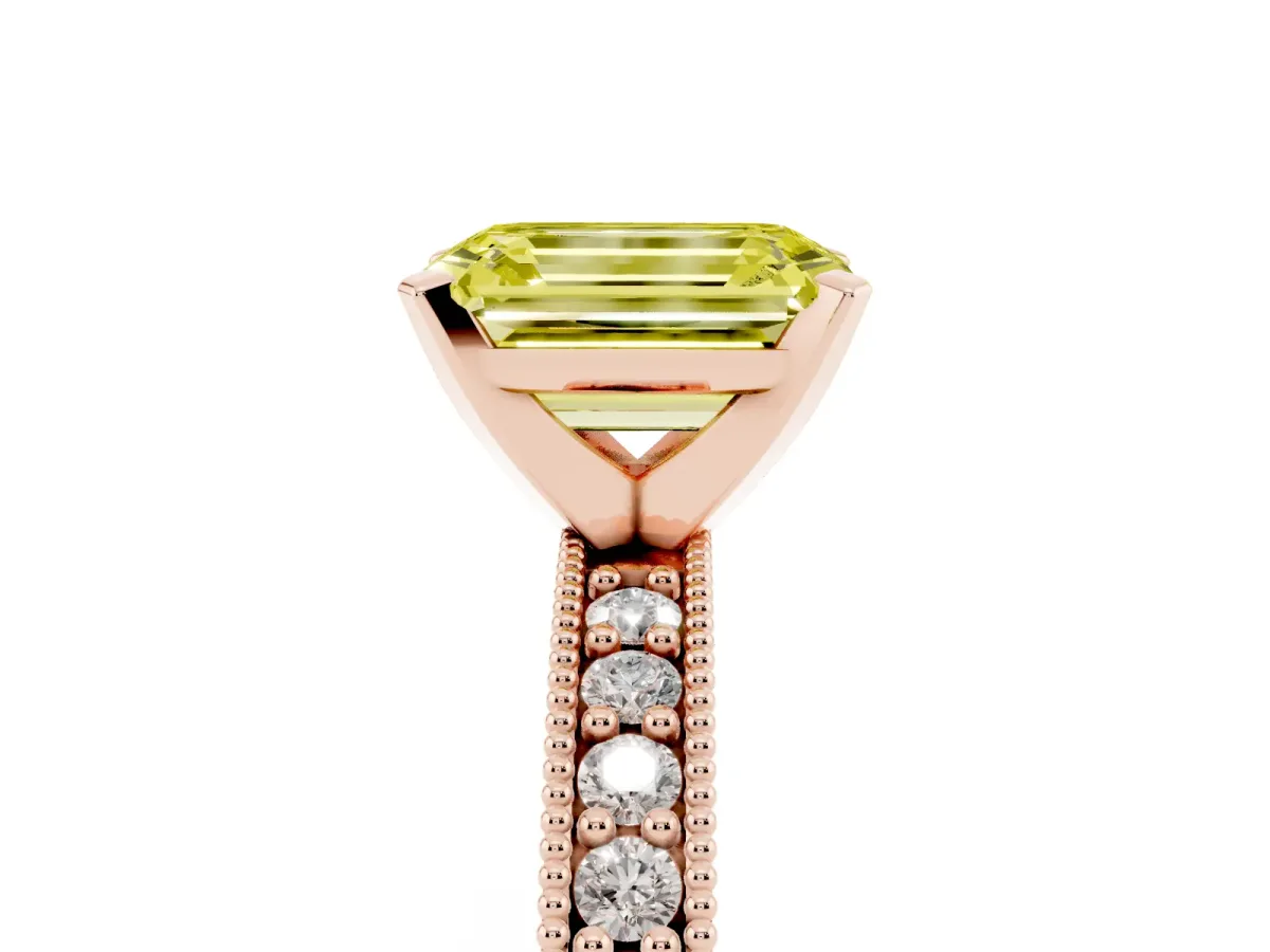 Fancy Yellow Emerald Cut Diamond Milgrain Pavé Engagement Ring with Four-Prong Setting Rose gold