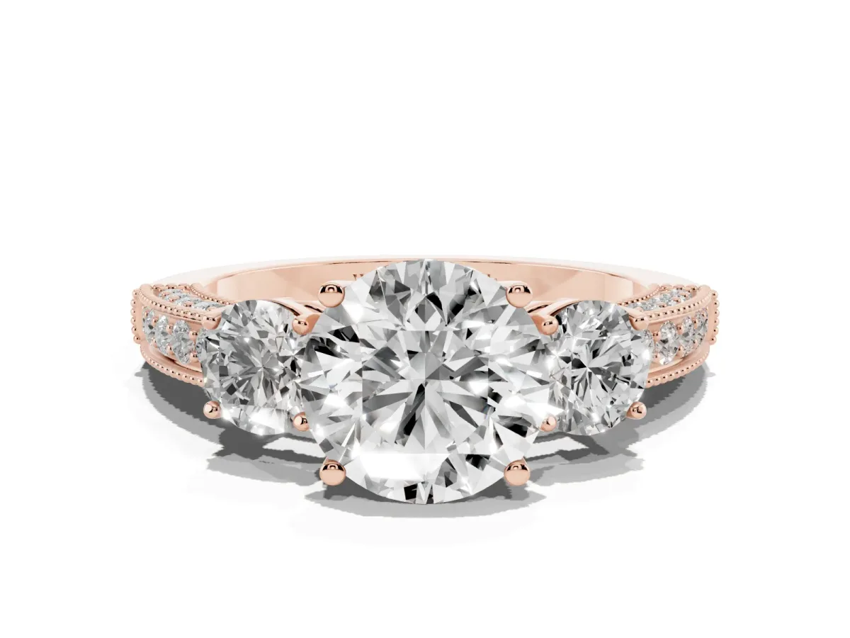 Round Cut Three-Stone Diamond Ring with Pavé Band and Four-Prong Setting Rose gold