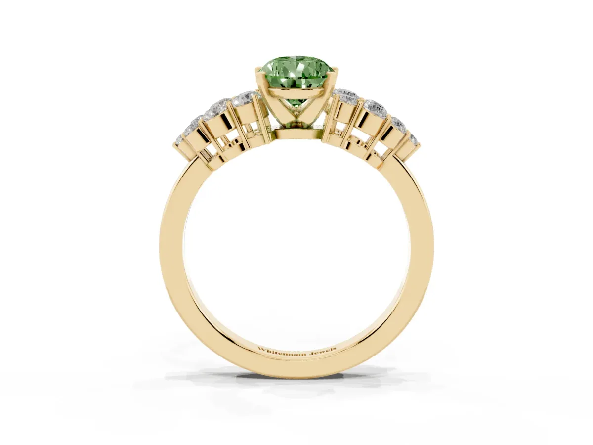 Fancy Green Pear Cut Cluster Diamond Engagement Ring with Pavé Band and Four-Prong Setting Yellow gold