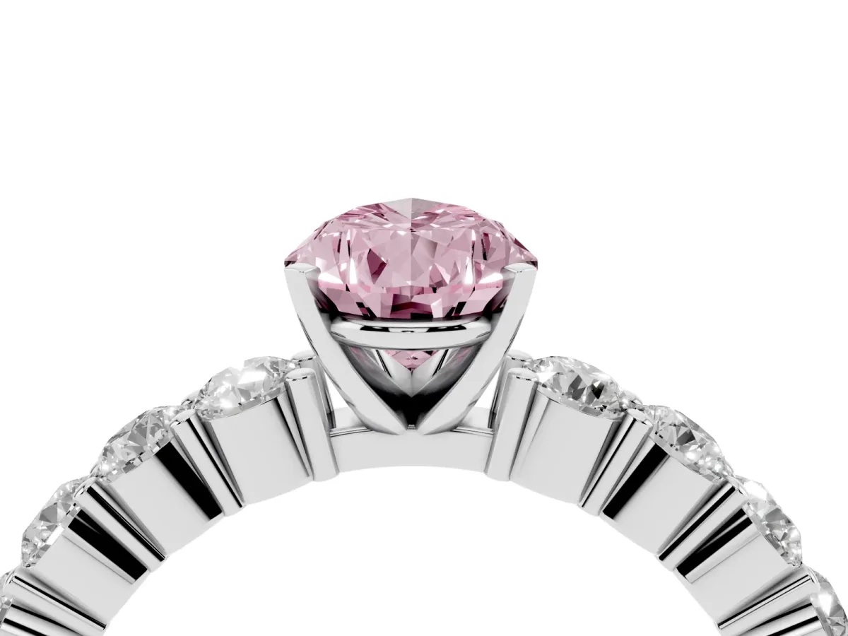 Fancy Pink Pear Cut Diamond Solitaire Ring with Shared Prong Round Side Stones White gold