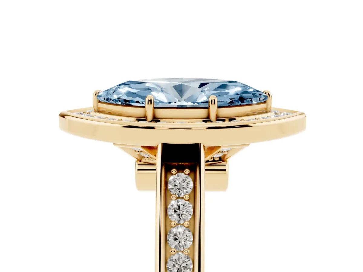 Fancy Blue Marquise Cut Halo Solitaire Diamond Ring with Pave Band and Bezel Setting Yellow gold