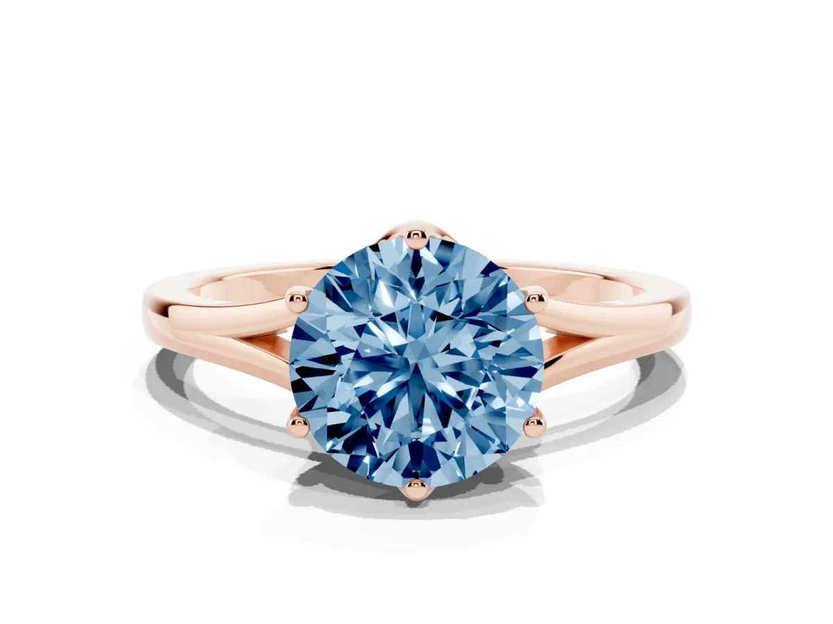 Fancy Blue Round Cut Solitaire Diamond Ring with Six-Prong Setting and Tapered Band Rose gold