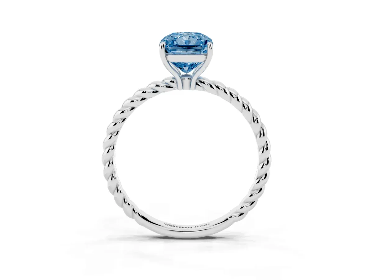 Fancy Blue Radiant Cut Solitaire Twist Band Ring with Four-Prong Setting Silver