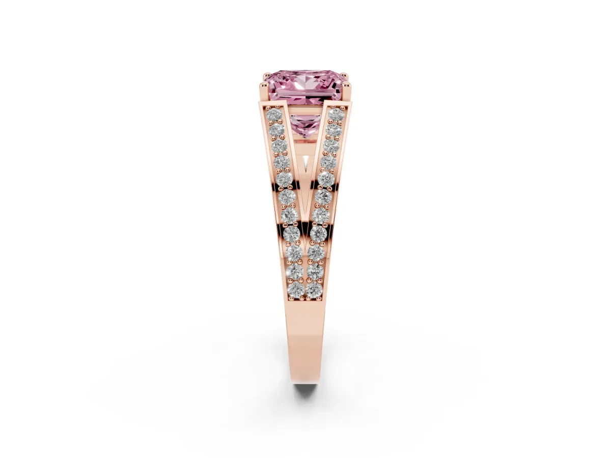 Fancy Pink Princess Cut Diamond Split Shank Ring with Pavé Band and Four-Prong Setting Rose gold