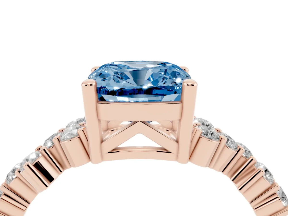Fancy Blue Cushion Cut Diamond Scattered Round Accent Ring with Prong Setting Rose gold