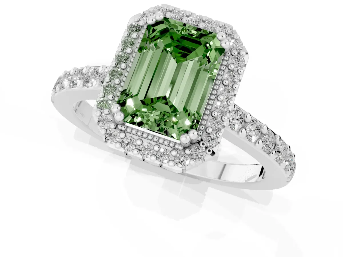 Fancy Green Emerald Cut Cut Diamond Halo Engagement Ring with Milgrain Detail and Pavé Band Silver