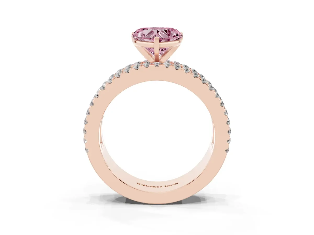 Fancy Pink Heart Cut Diamond Solitaire Ring with Pavé and Channel Set Band Rose gold