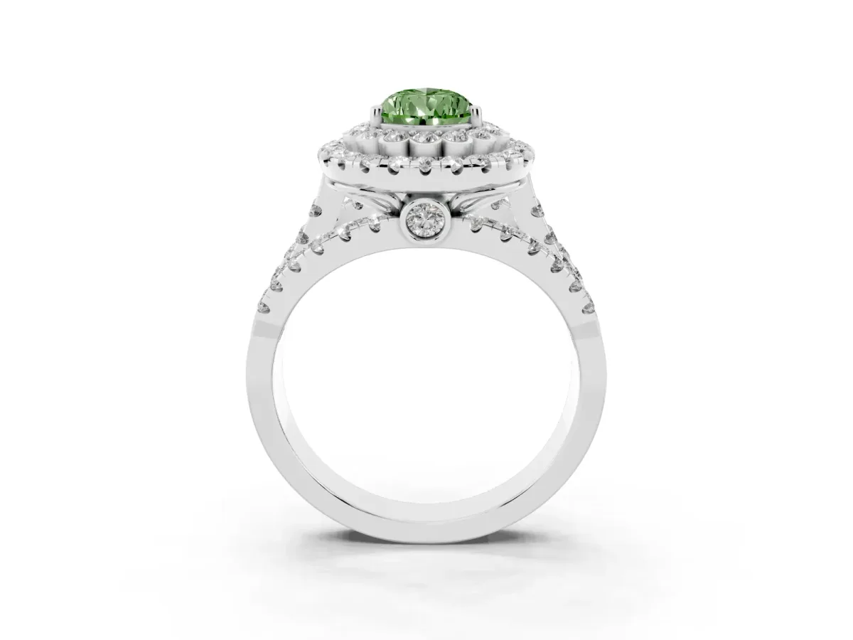 Fancy Green Pear Cut Diamond Double Halo Ring with Round Pavé Split Shank and Prong Setting Silver