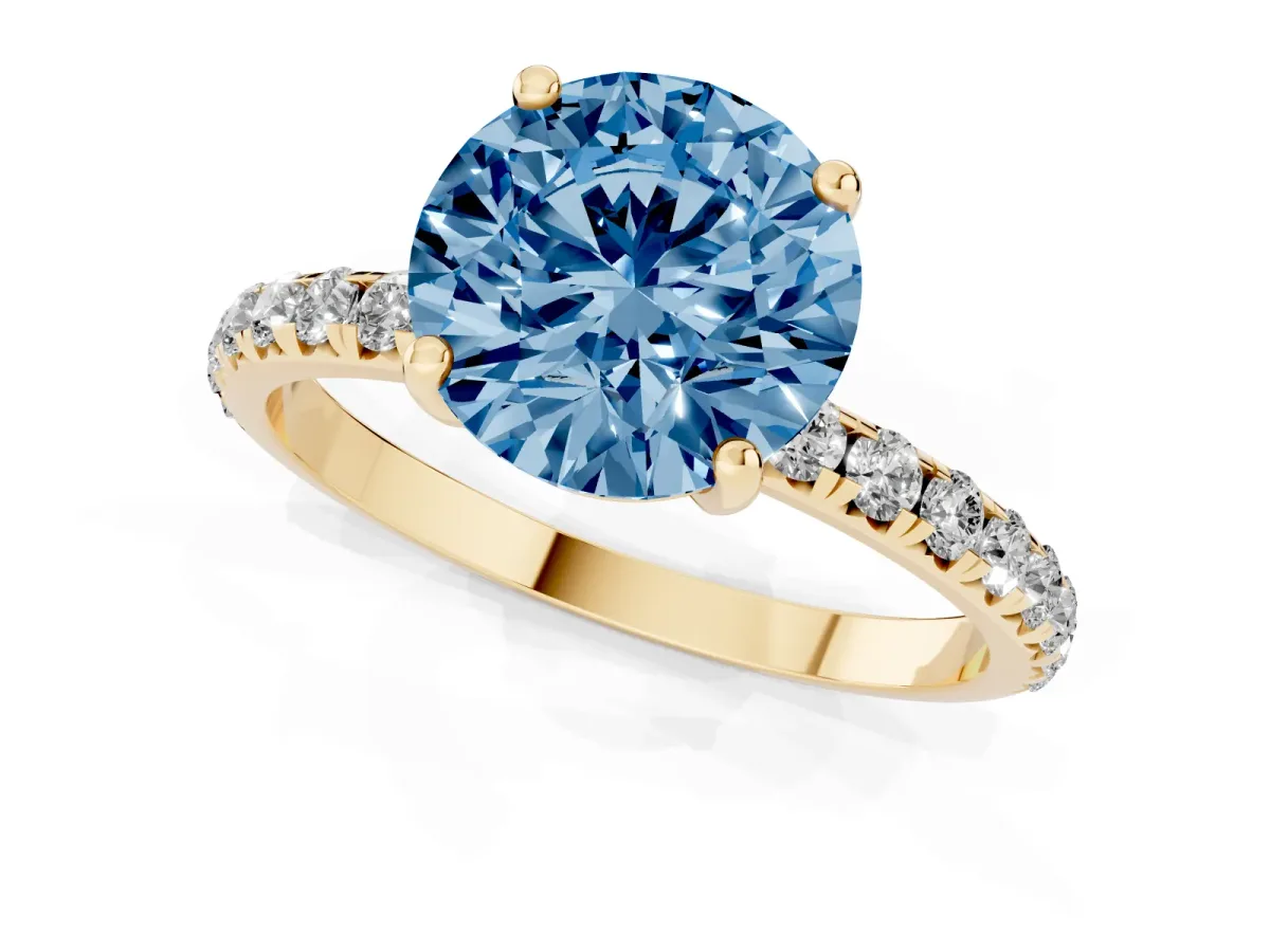 Fancy Blue Round Cut Cut Diamond Solitaire Ring with Micro Pave Band and Four Prong Setting Yellow gold