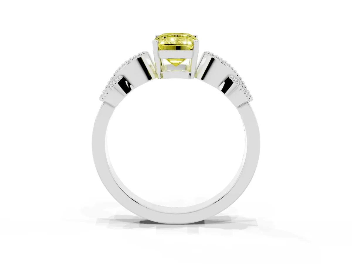 Fancy Yellow Emerald Cut Solitaire Milgrain Leaf Band with Prong Setting White gold