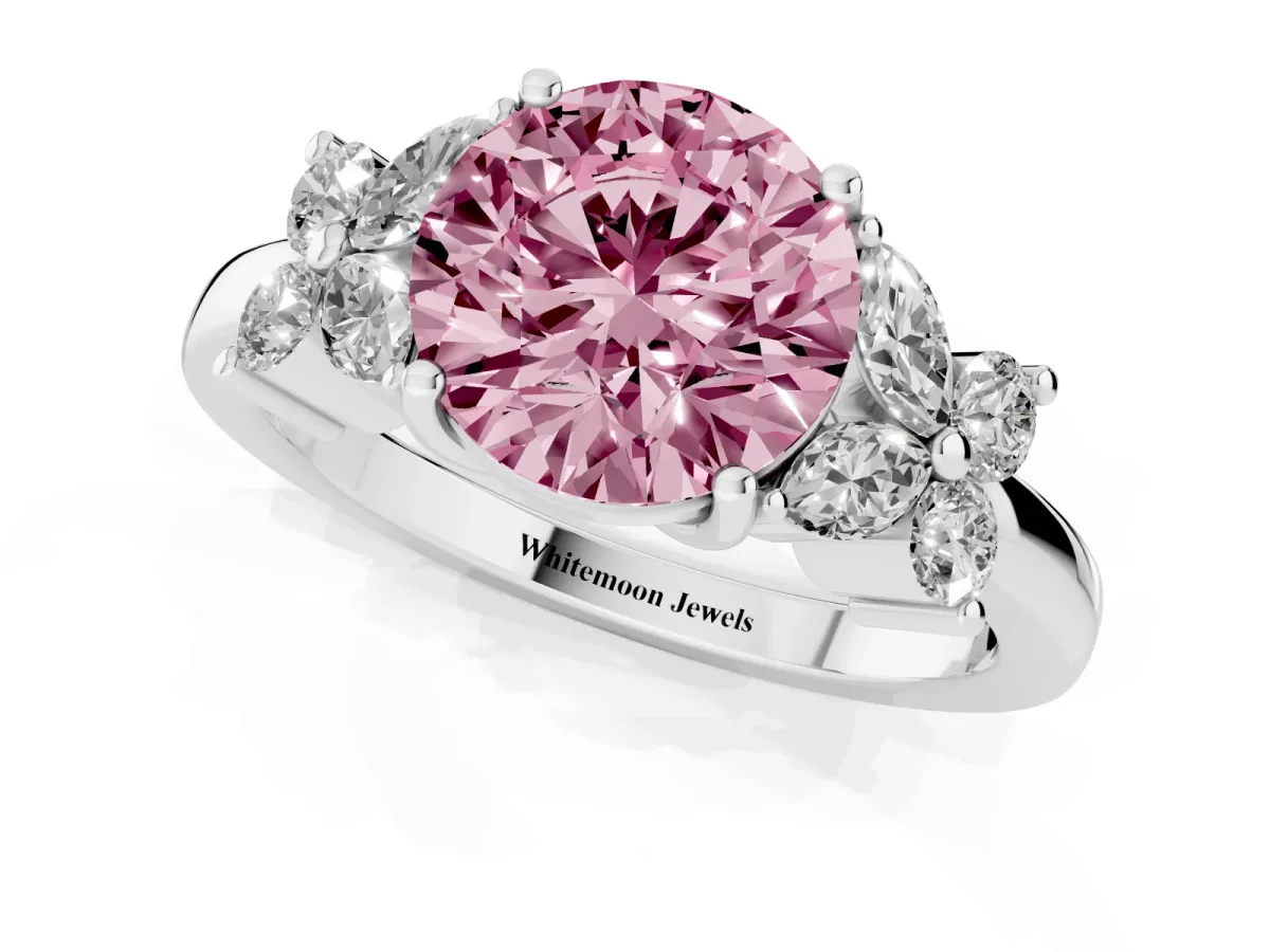 Fancy Pink Round Cut Diamond Floral Cluster Ring with Solitaire Band and Prong Setting Silver