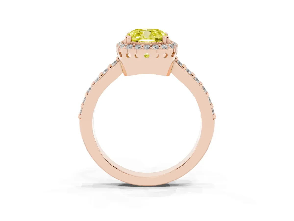 Fancy Yellow Cushion Cut Cut Diamond Halo Engagement Ring with Milgrain Detail and Pavé Band Rose gold