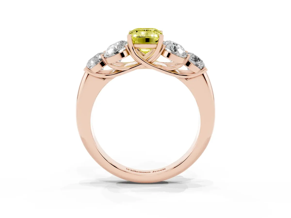 Fancy Yellow Emerald Cut Cut Diamond Cluster Ring with Round Accent Stones and Prong Setting on a Classic Band Rose gold