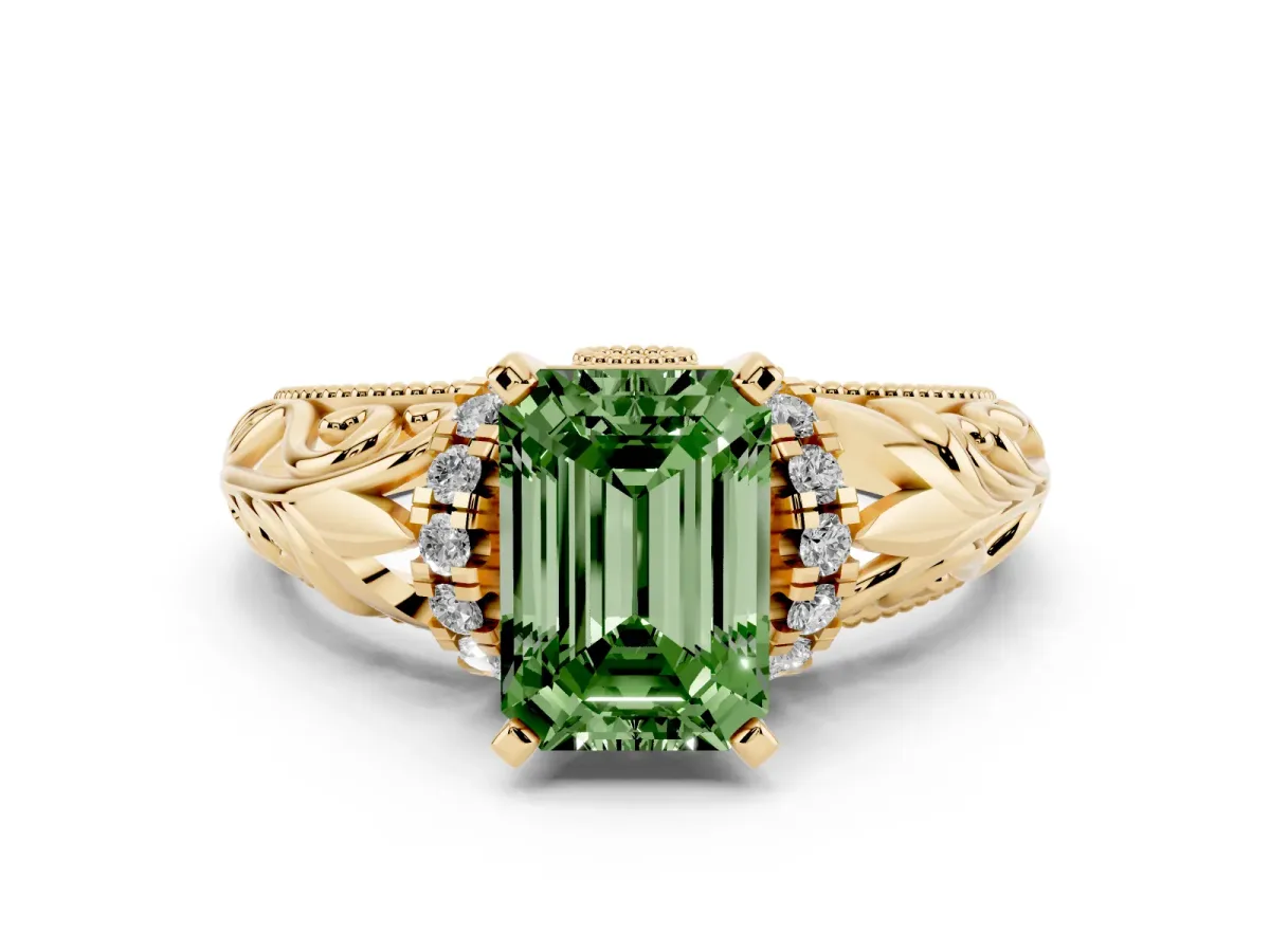 Fancy Green Emerald Cut Solitaire Filigree Engagement Ring with Halo and Prong Setting Yellow gold
