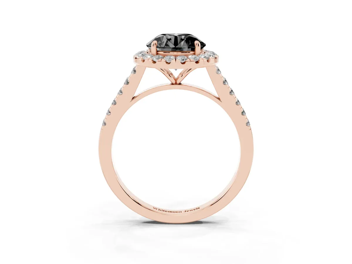 Fancy Black Round Cut Halo Pave Diamond Engagement Ring with Four-Prong Setting Rose gold