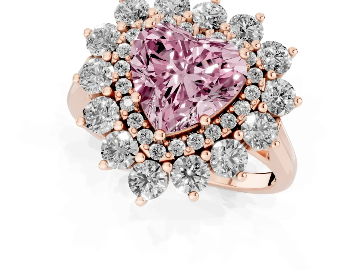 Fancy Pink Heart Cut Diamond Floral Double Halo Engagement Ring with Prong Setting Rose gold