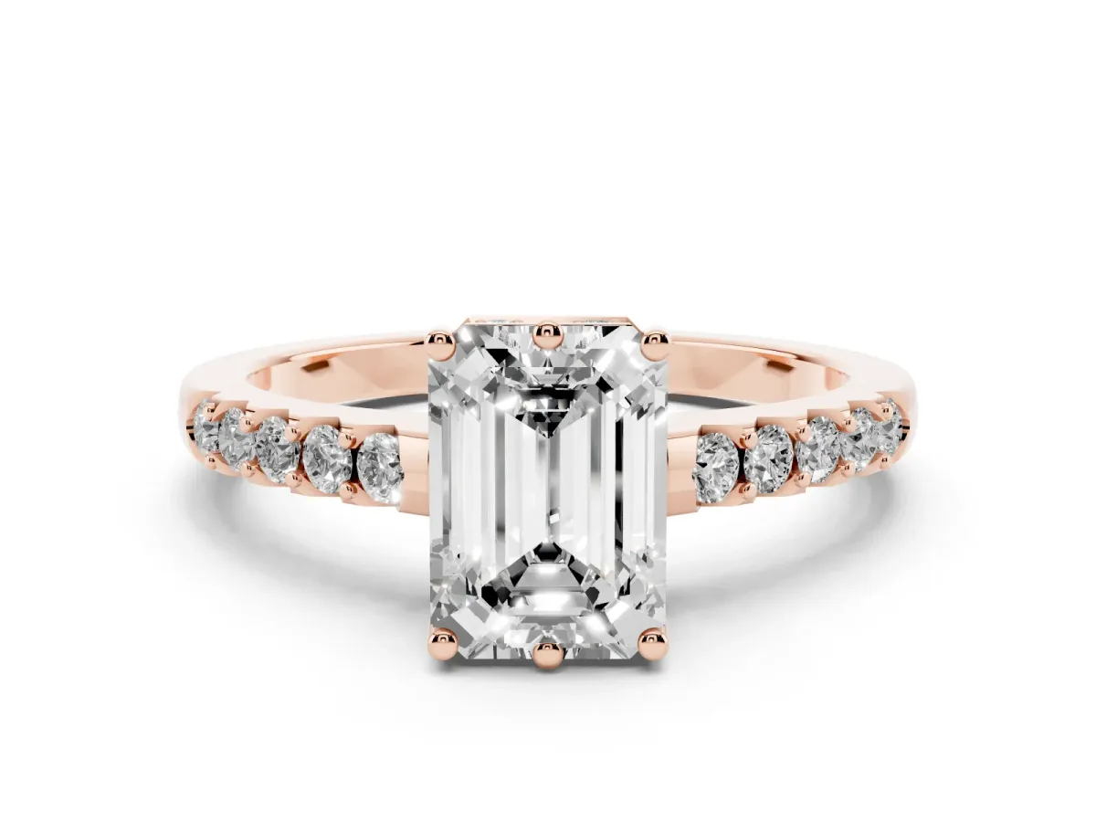 Emerald Cut Solitaire Diamond Engagement Ring with Pavé Band and Six-Prong Setting Rose gold