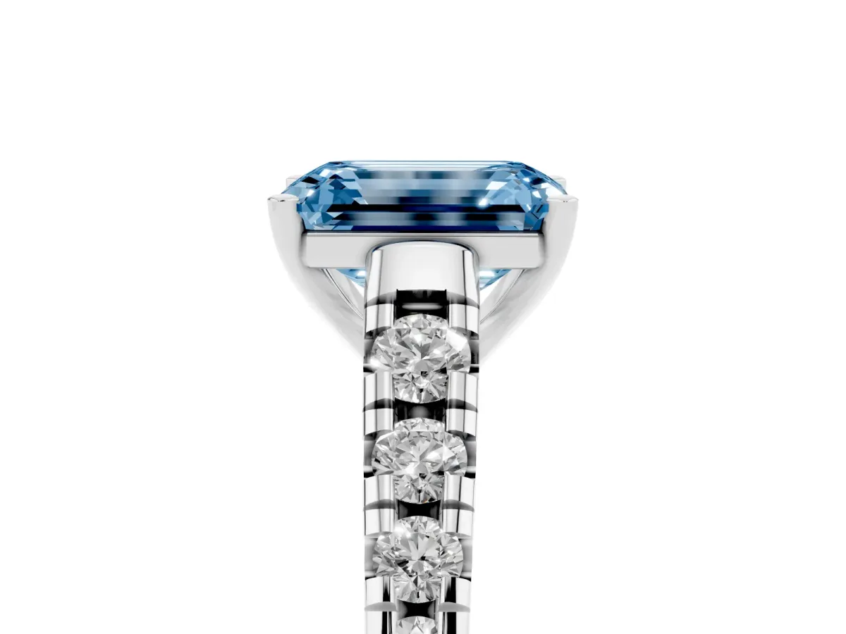 Fancy Blue Emerald Cut Diamond Cathedral Solitaire Ring with Round Pavé Band Silver