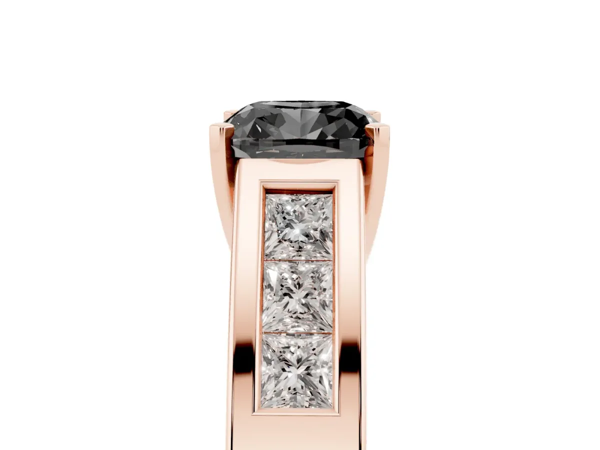 Fancy Black Cushion Cut Cut Channel Set Solitaire Ring with Four-Prong Setting Rose gold