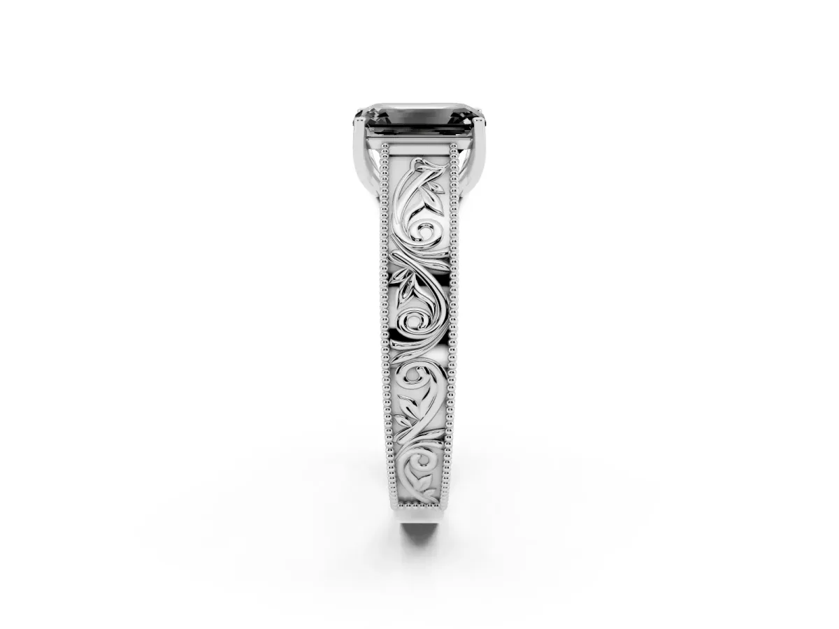 Fancy Black Emerald Cut Diamond Solitaire Ring with Engraved Band and Four-Prong Setting White gold