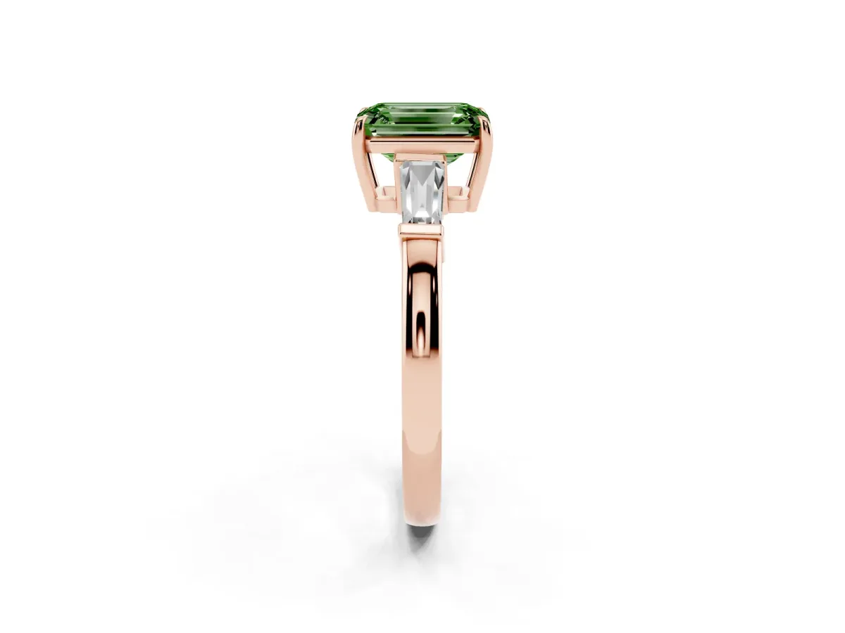 Fancy Green Emerald Cut Diamond Three-Stone Ring with Tapered Baguette Side Stones and Prong Setting Rose gold