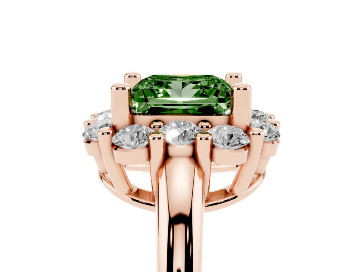 Fancy Green Princess Cut Halo Cluster Diamond Engagement Ring with Prong Setting and Polished Band Rose gold