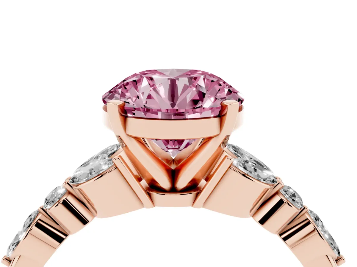 Fancy Pink Round Cut Diamond Solitaire Ring with Side Stones and Four-Prong Setting Rose gold