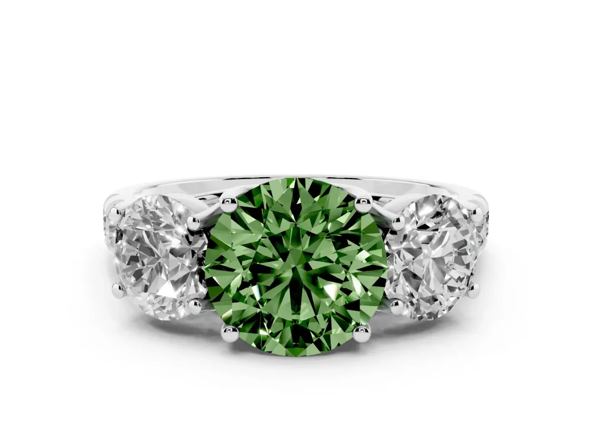 Fancy Green Three-Stone Round Cut Diamond Pavé Band with Prong Setting Silver