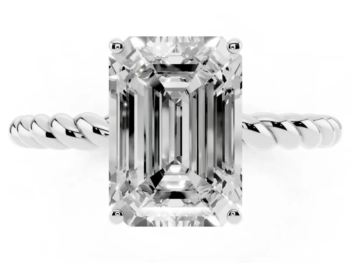 Emerald Cut Solitaire Twisted Band 4-Prong Ring Silver