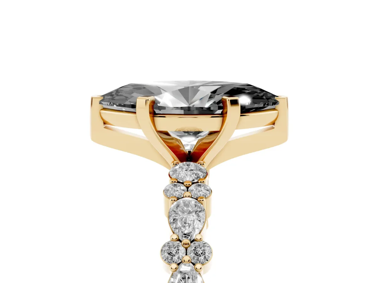 Fancy Black Marquise Cut Diamond Side Stone Solitaire Ring with Round and Four-Prong Setting Yellow gold
