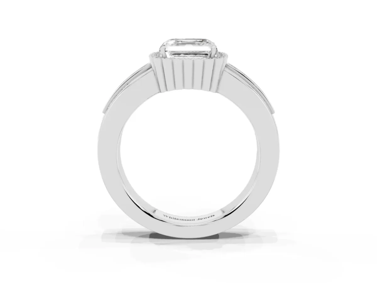 Asscher Cut Cut Halo Pave Band Four-Prong Ring Silver