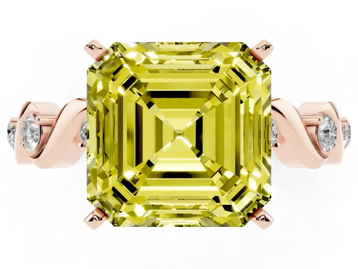 Fancy Yellow Asscher Cut Diamond Solitaire Twisted Band with Round Accents and Prong Setting Rose gold