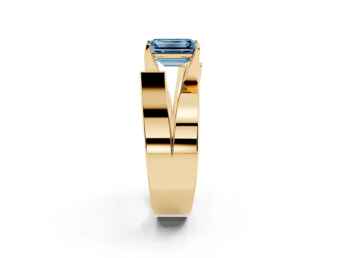 Fancy Blue Modern Tension Set Emerald Cut Diamond Solitaire Wide Band Ring Yellow gold