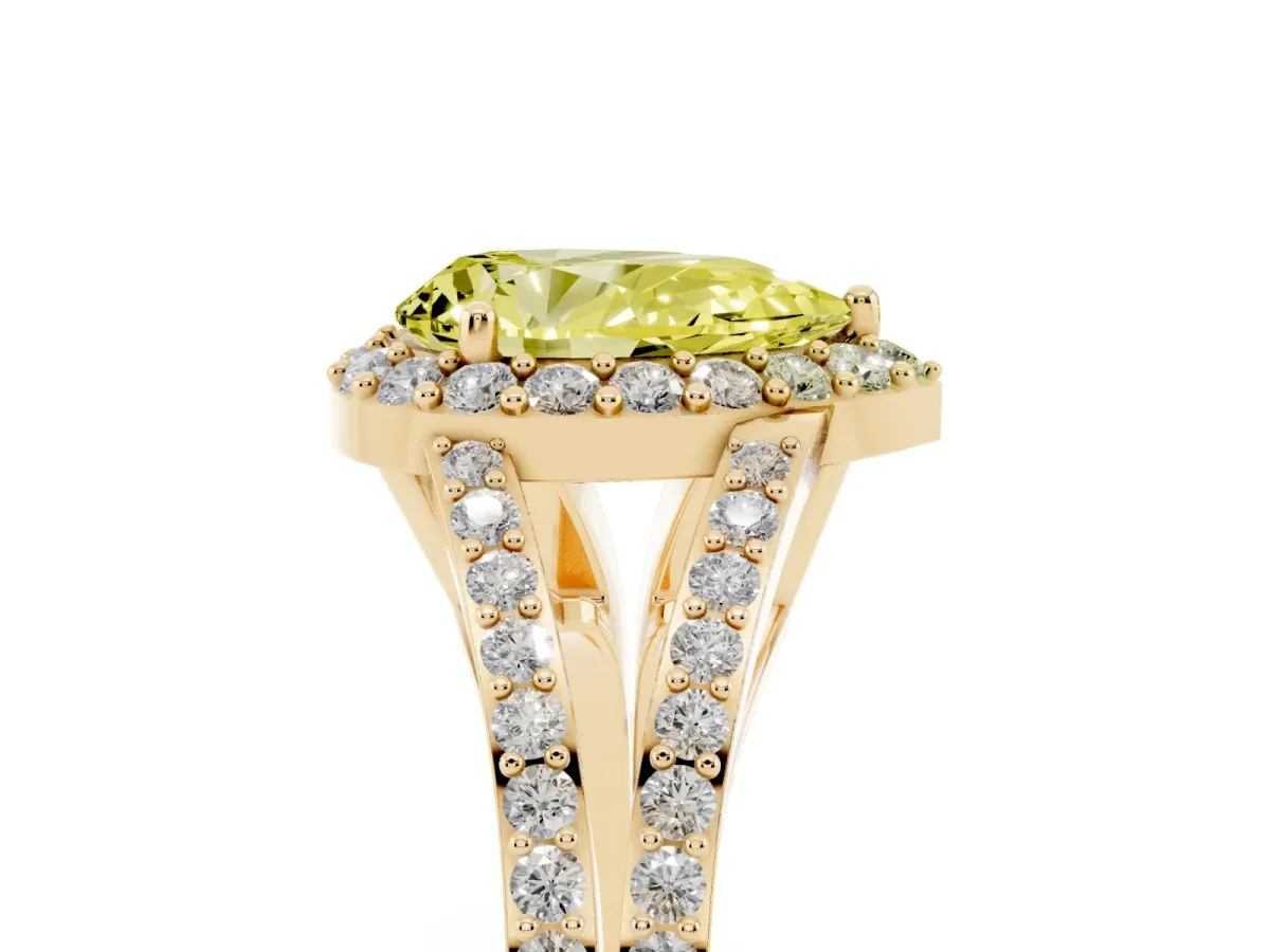 Fancy Yellow Pear Cut Halo Split Shank Pave Diamond Ring with Four-Prong Setting Yellow gold