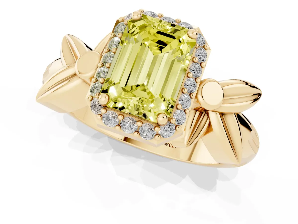 Fancy Yellow Emerald Cut Halo Diamond Floral Band with Four-Prong Setting Yellow gold