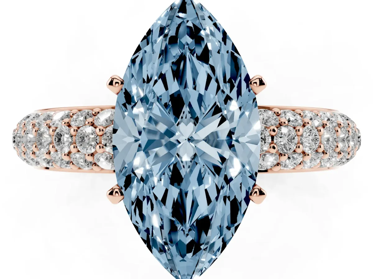 Fancy Blue Marquise Cut Diamond Solitaire Ring with Prong Setting and Pavé Band Rose gold