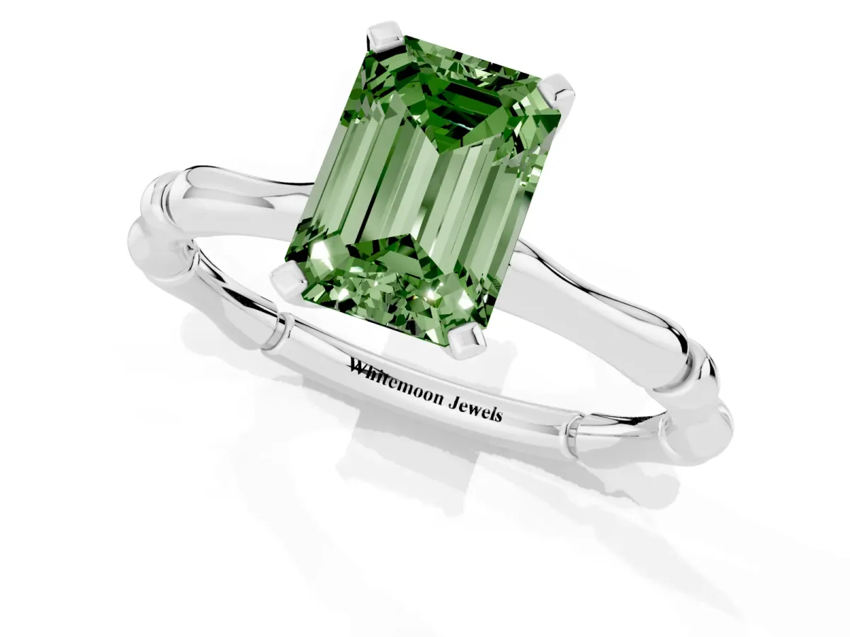 Fancy Green Emerald Cut Solitaire Diamond Ring with Bamboo Band and Four-Prong Setting Silver