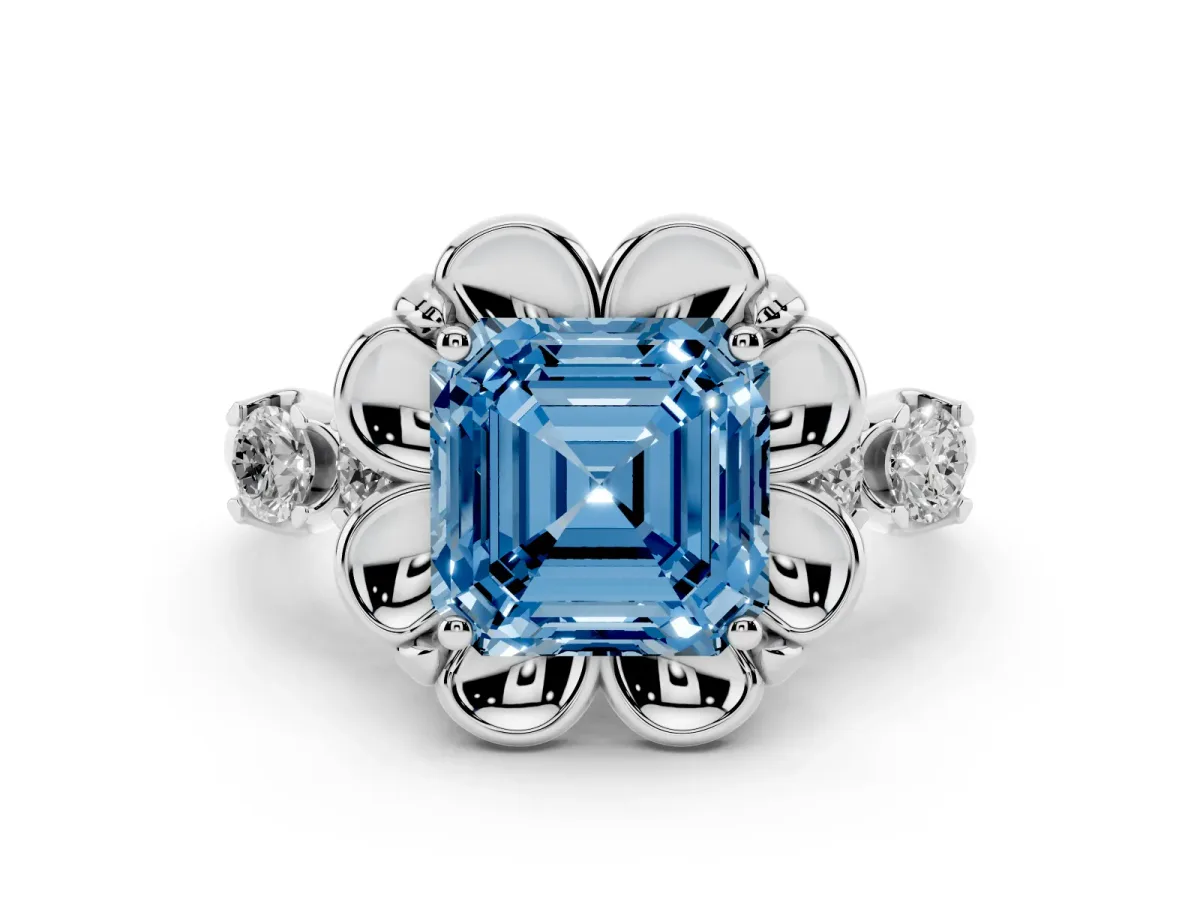 Fancy Blue Asscher Cut Cut Diamond Floral Halo Engagement Ring with Shared Prong Setting Silver