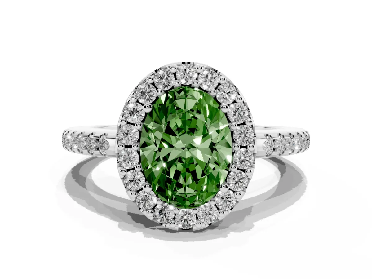 Fancy Green Oval Cut Diamond Pavé Halo Ring with Four-Prong Setting Platinum