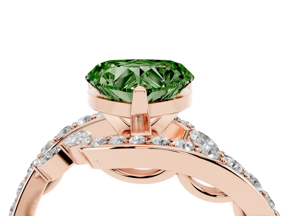 Fancy Green Heart Cut Solitaire with Pavé Twist Band and Four-Prong Setting Rose gold