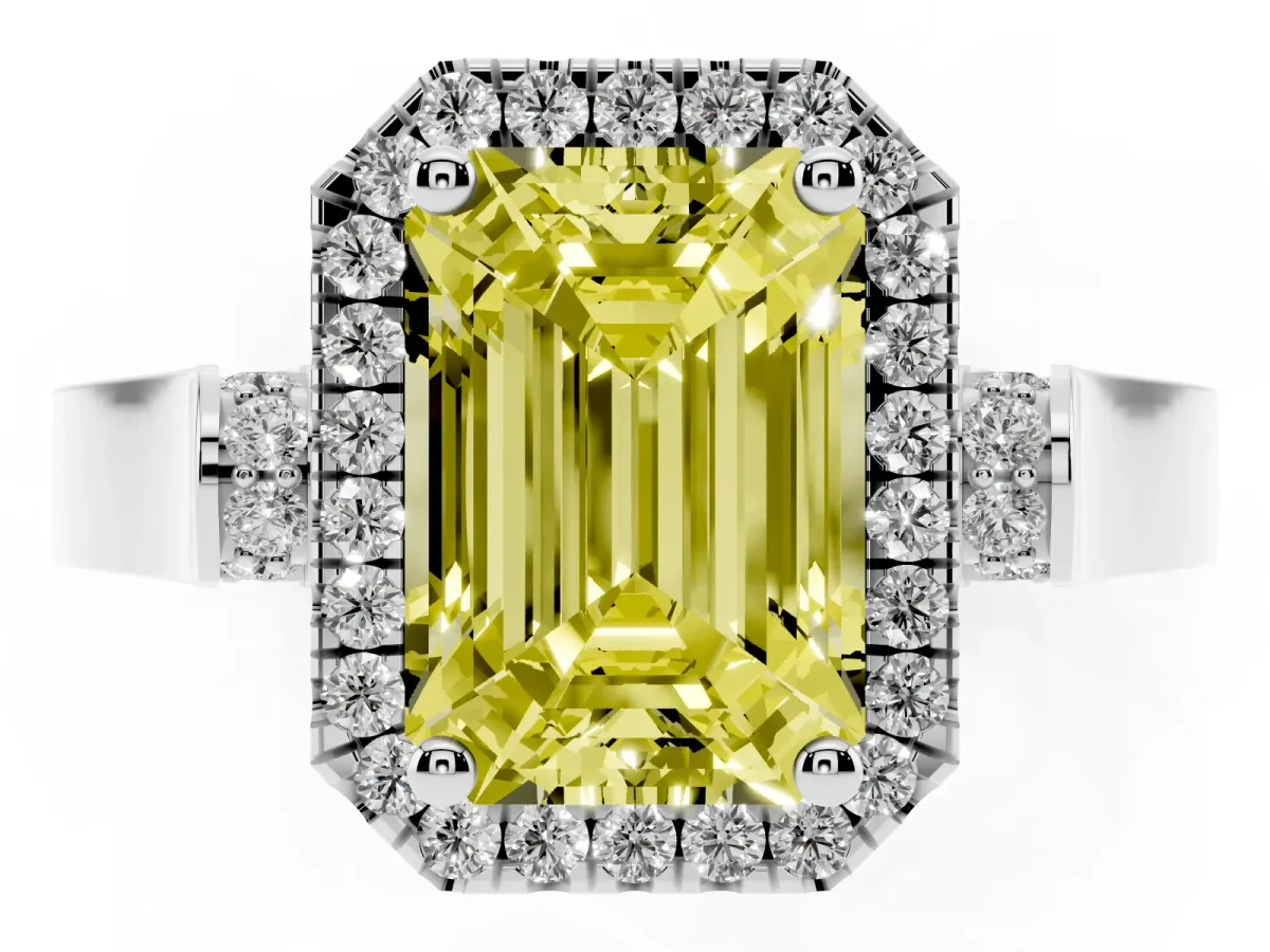 Fancy Yellow Emerald Cut Halo Round Diamond Twist Band with Four-Prong Setting White gold