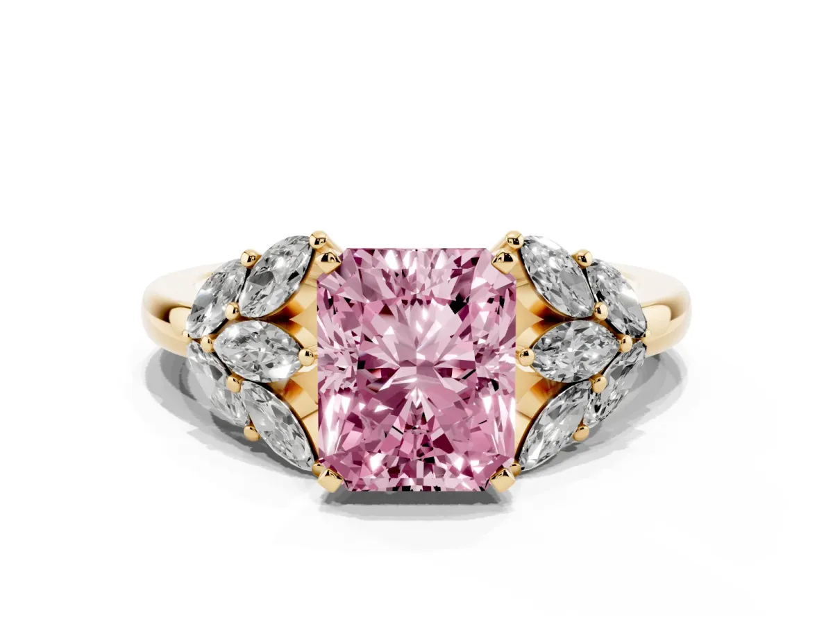 Fancy Pink Radiant Cut Diamond Cluster Leaf Design Ring with Prong Setting Yellow gold
