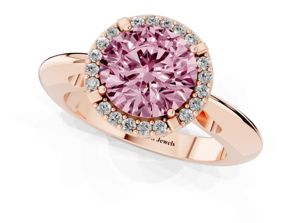 Fancy Pink Round Cut Cut Diamond Halo Engagement Ring with Split Shank and Four-Prong Setting Rose gold