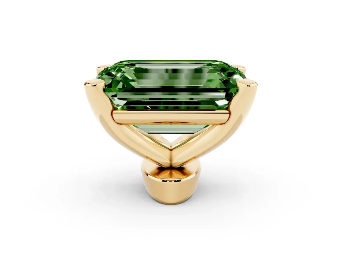 Fancy Green Emerald Cut Diamond Solitaire Ring with Prong Setting and Classic Band Yellow gold