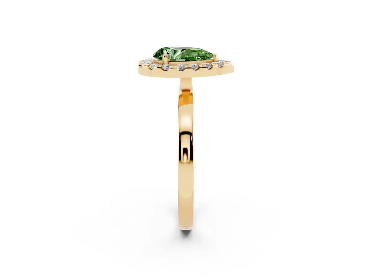 Fancy Green Pear Cut Halo Diamond Solitaire with Pavé Band and Four-Prong Setting Yellow gold