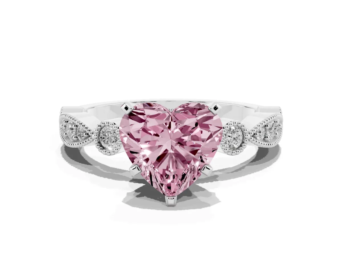Fancy Pink Heart Cut Milgrain Bezel Diamond Engagement Ring with Solitaire Prong Setting Silver