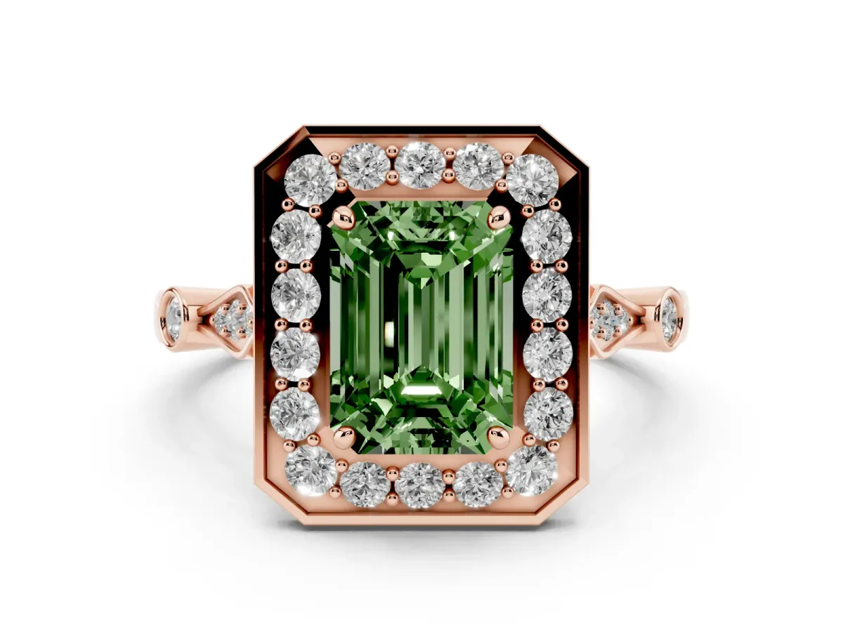 Fancy Green Emerald Cut Halo Diamond Engagement Ring with Twisted Band and Four-Prong Setting Rose gold